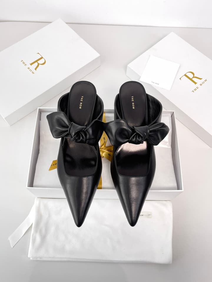 The Row Leather Bow Mules in Black Leather