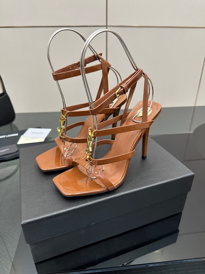Saint Laurent Patent Leather Heeled Sandals in Bright Amber