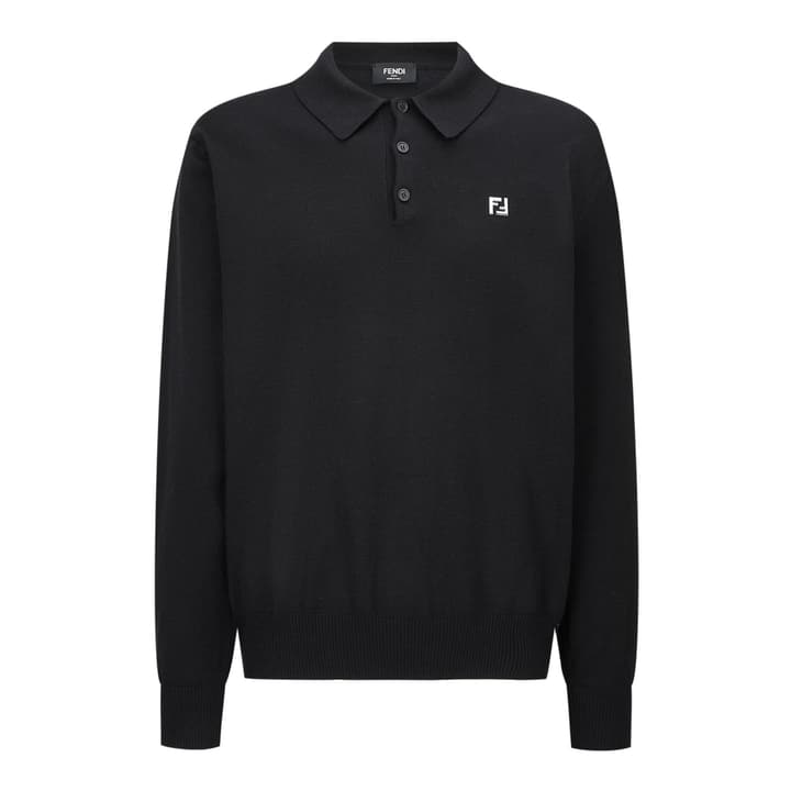 Fendi Knitted Long Sleeve Polo Shirt with Micro FF Detail in Black Knitted Polo