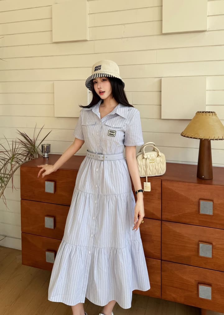 Miu Miu Striped Short-Sleeve Tiered Dress – Spring/Summer Collection in Light Blue