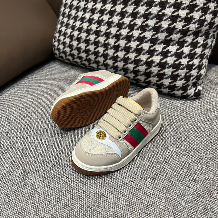 Gucci Rhyton Distressed Kids' Sneakers – Kids Collection – 2023SS in Cream With Blue Flower Design