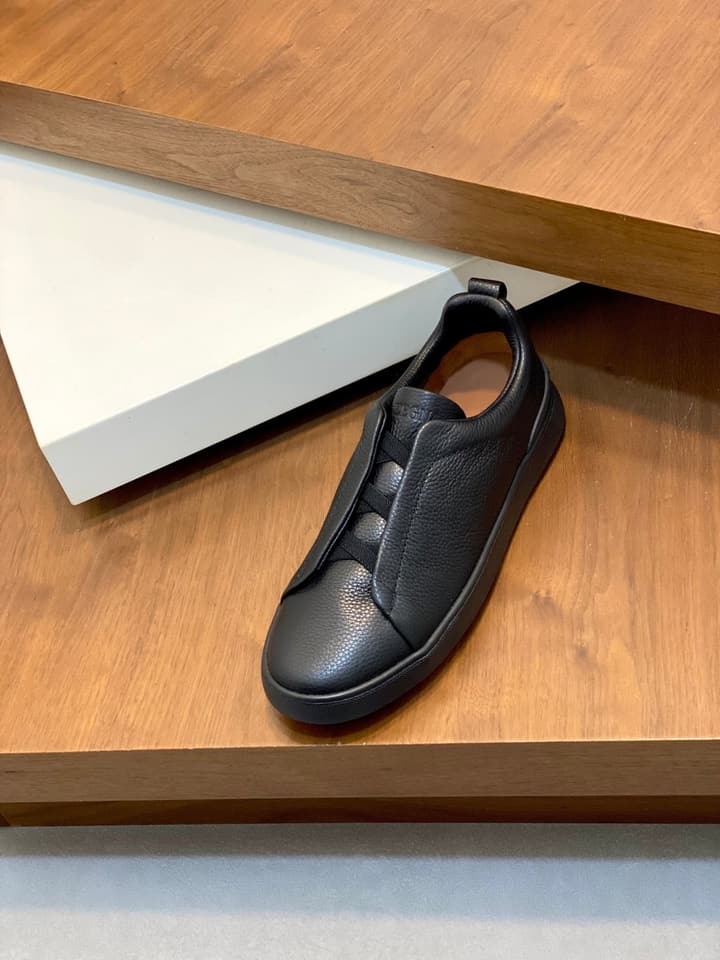 Ermenegildo Zegna Triple Stitch Sneakers in Black Leather With Brown Tag