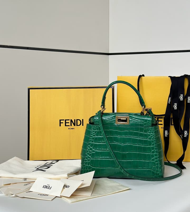 Fendi Peekaboo Embossed Crocodile Handbag in Classic Black Croc Embossed