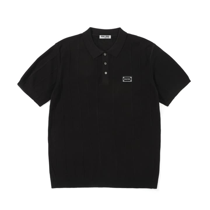 Miu Miu Collared Knit Short-Sleeve Sweater in Apricot