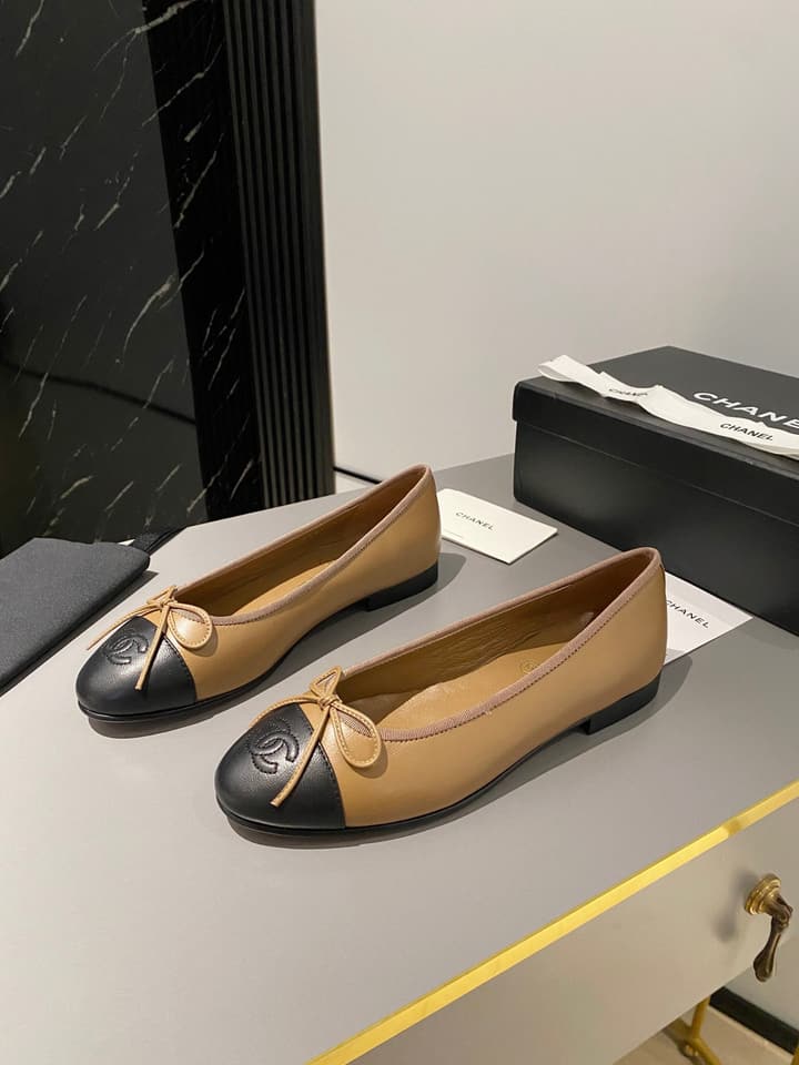 Chanel Classic Ballet Flats in Tan With Black Cap Toe