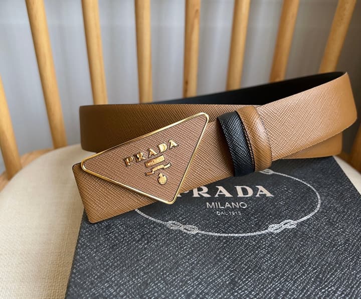 Prada Triangle Logo Buckle Belt in Classic Camel Leather