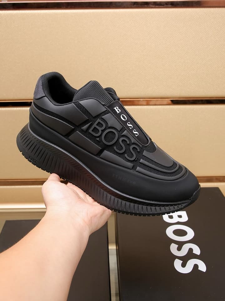 Boss New Men's Luxury Athletic Sneakers in Black With White Detail