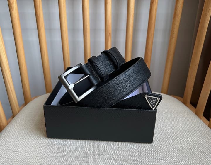 Prada Leather Belt with Triangle Logo in Black Leather Gold Buckle