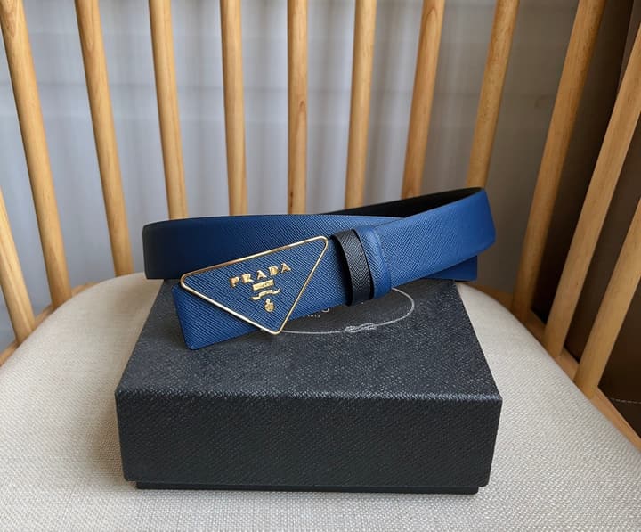 Prada Triangle Logo Buckle Belt in Black Textured Leather With Black Buckle