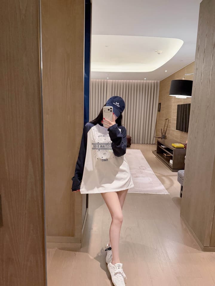 Dior Constellation Print Rhinestone Raglan T-Shirt in White With Navy Blue Sleeves