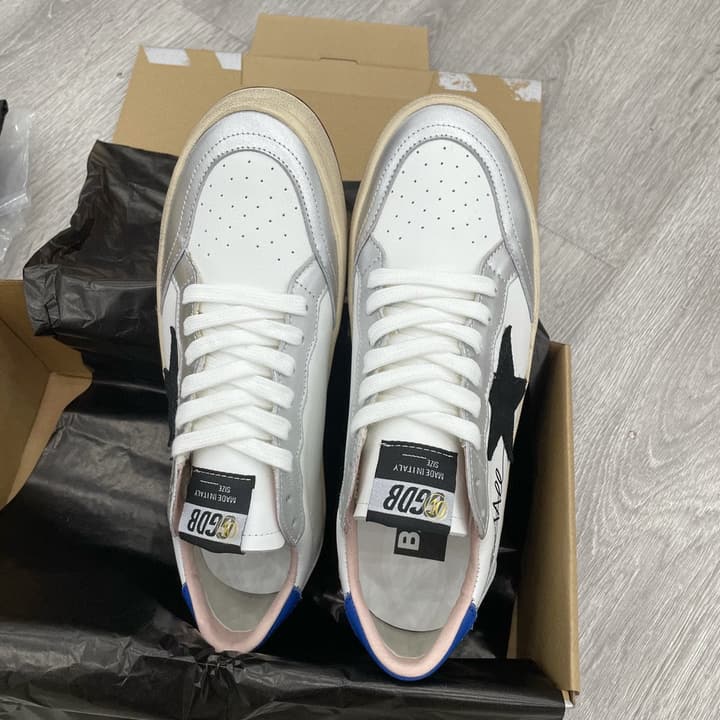 Golden Goose Ball Star Letter Graffiti Sneakers – 2023 Spring Collection in White Silver With Blue Heel And Black Star
