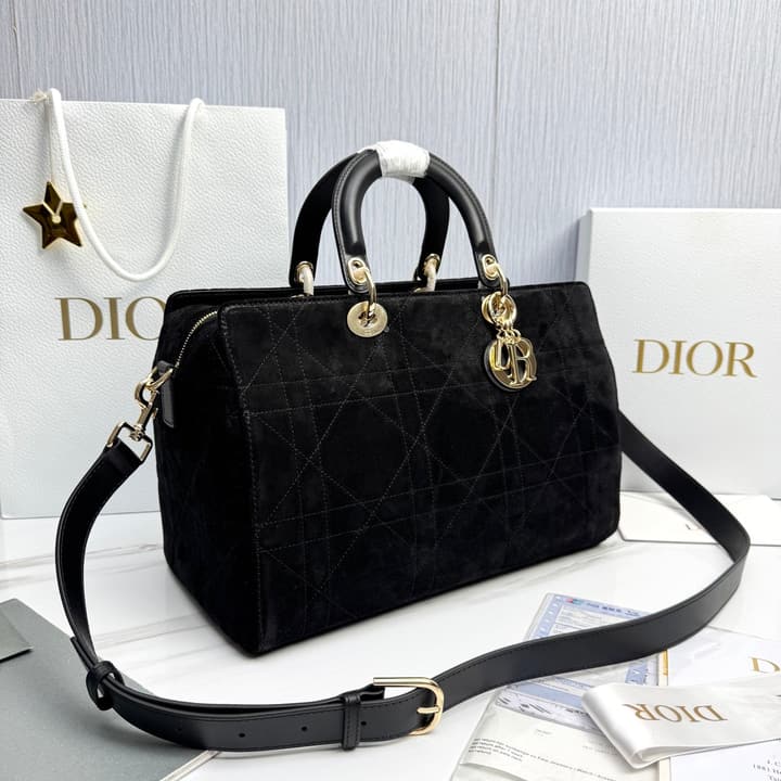 Dior Lady Dior Large Deerskin Tote Bag in Black Suede