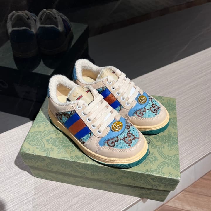 Gucci Rhyton Distressed Kids' Sneakers – Kids Collection – 2023SS in Cream With Blue Flower Design