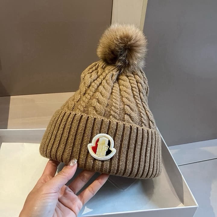 Moncler Knitted Scarf Hat Set in Camel Knit