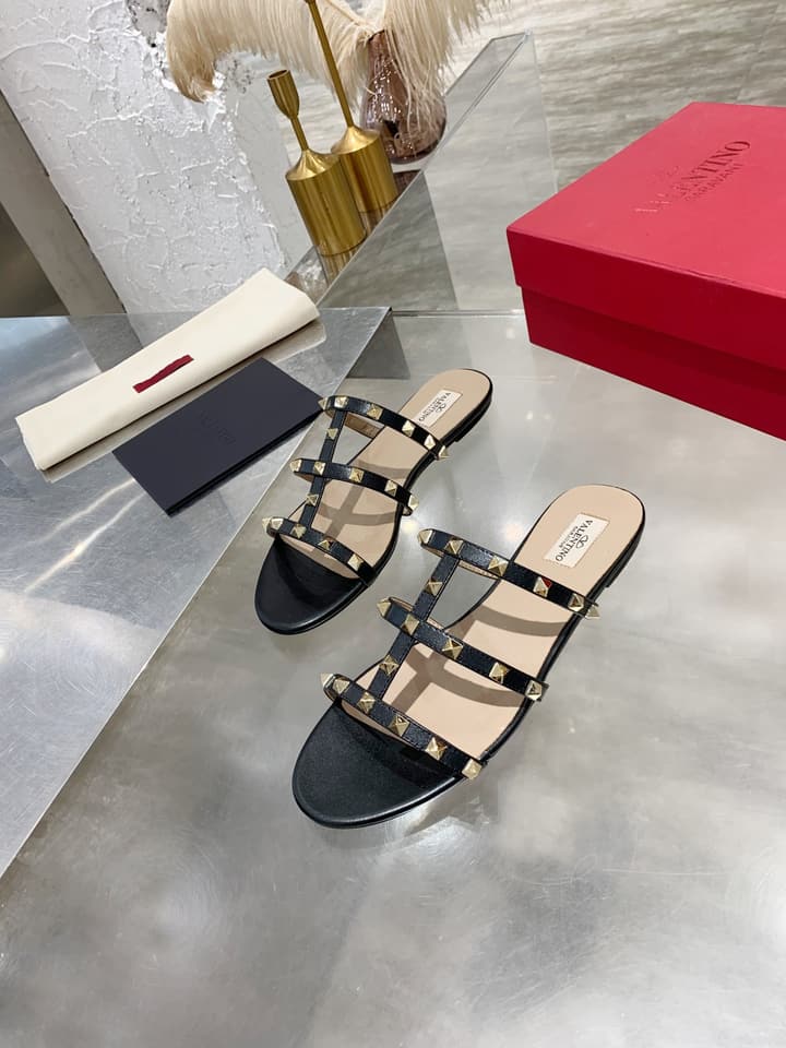 Valentino Studded Sheepskin Flat Sandals in Black