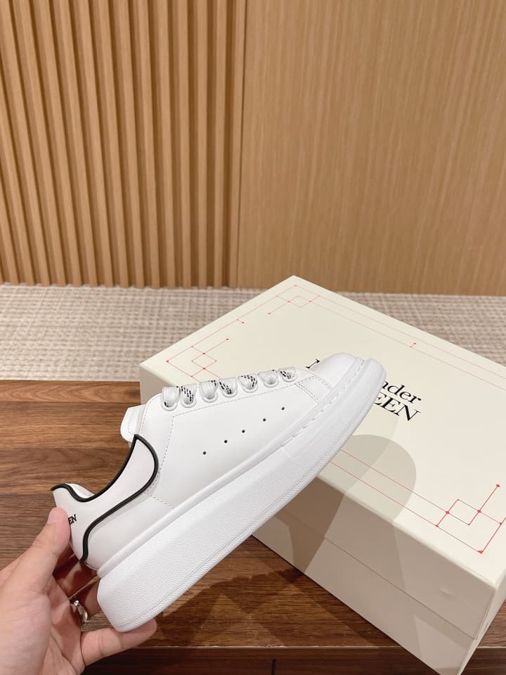 Alexander McQueen Classic Versatile White Sneakers in White With Black Laces & Heel