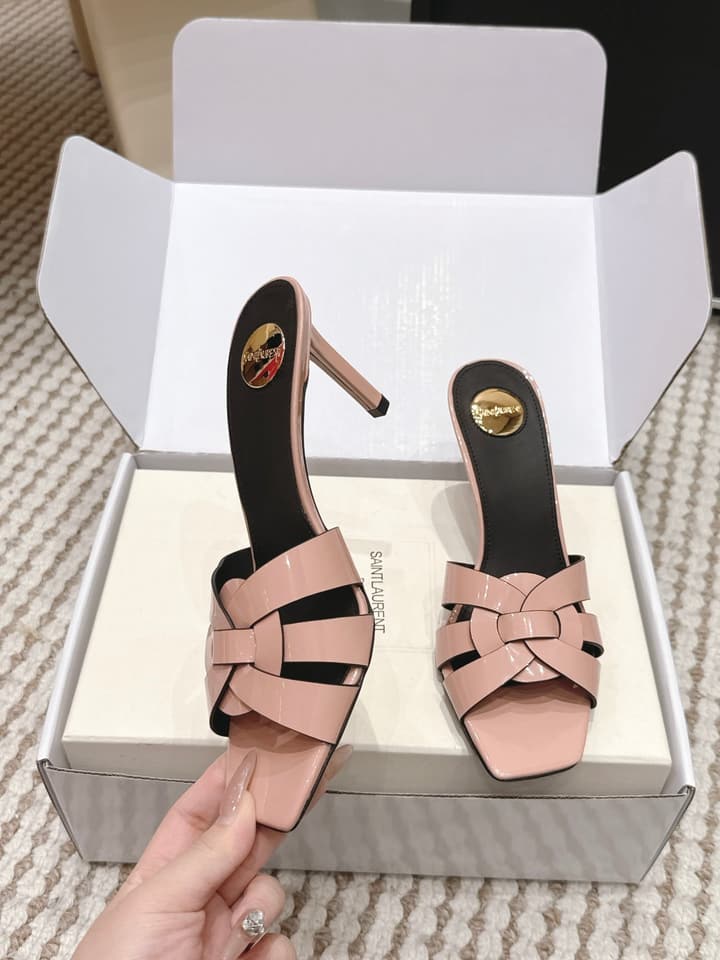 Saint Laurent Melody Square-Toe Heeled Sandals – 2026 Spring/Summer Collection in Beige Patent