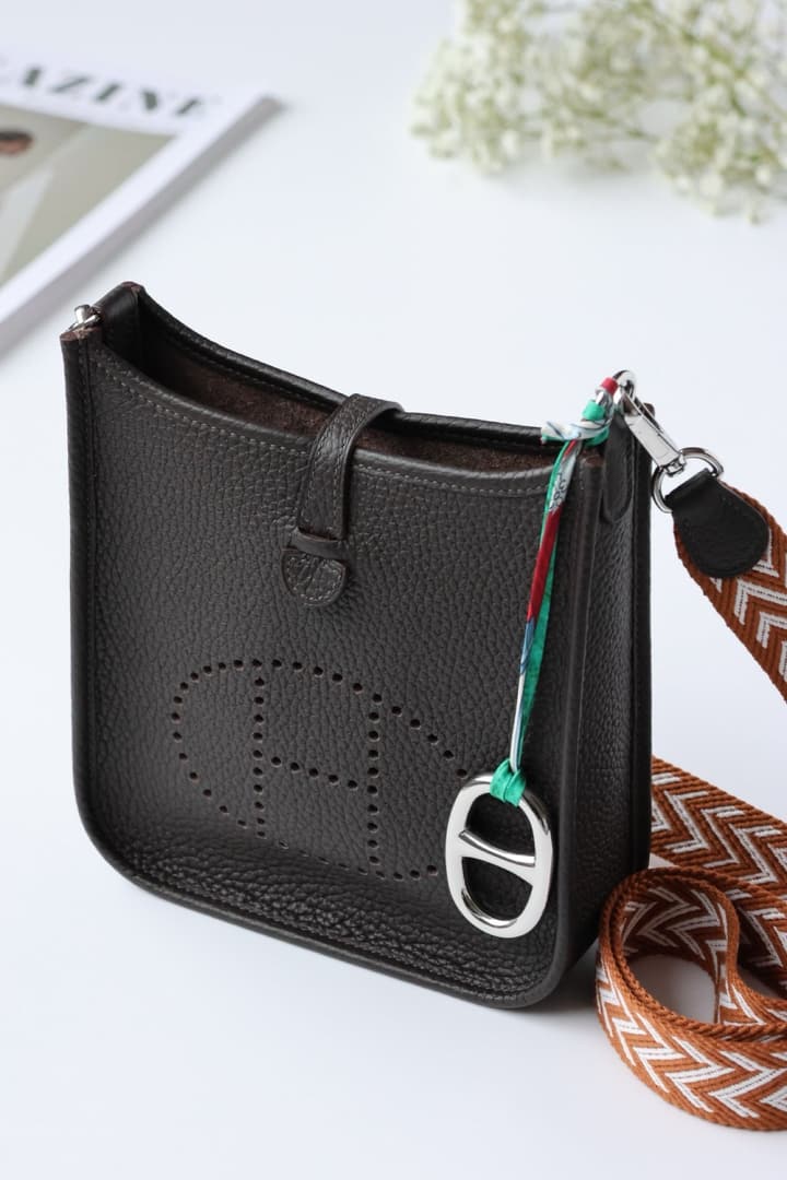Hermès Ebony Shoulder Bag with Patterned Strap in Ebony With Patterned Strap