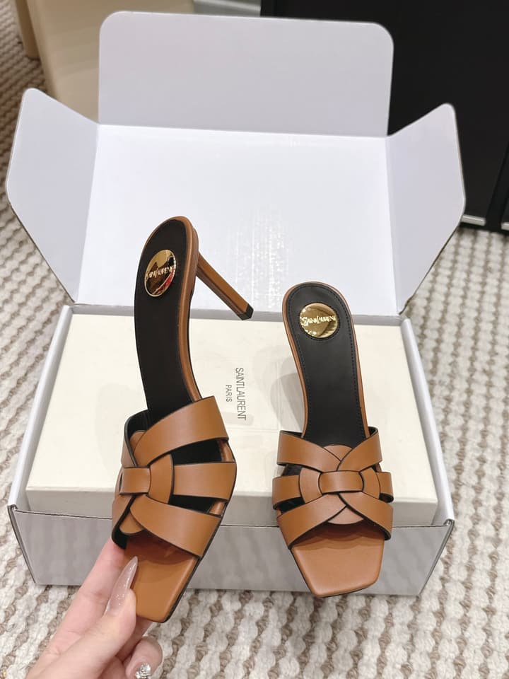 Saint Laurent Melody Square-Toe Heeled Sandals – 2026 Spring/Summer Collection in Beige Patent