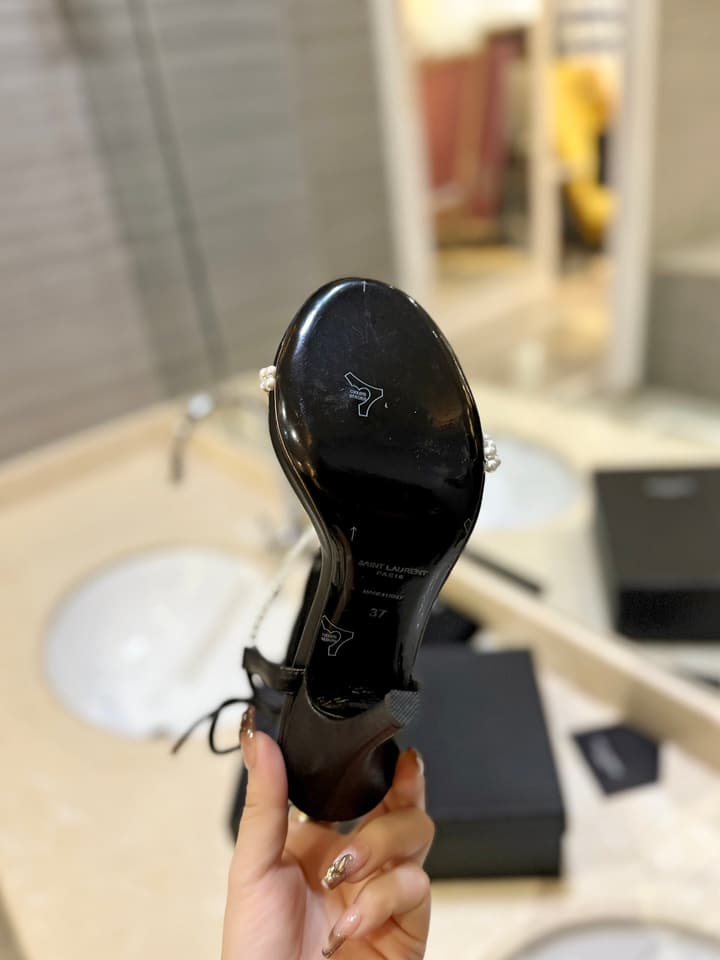 Saint Laurent YSL Pearl Strappy Heeled Sandals in All Black