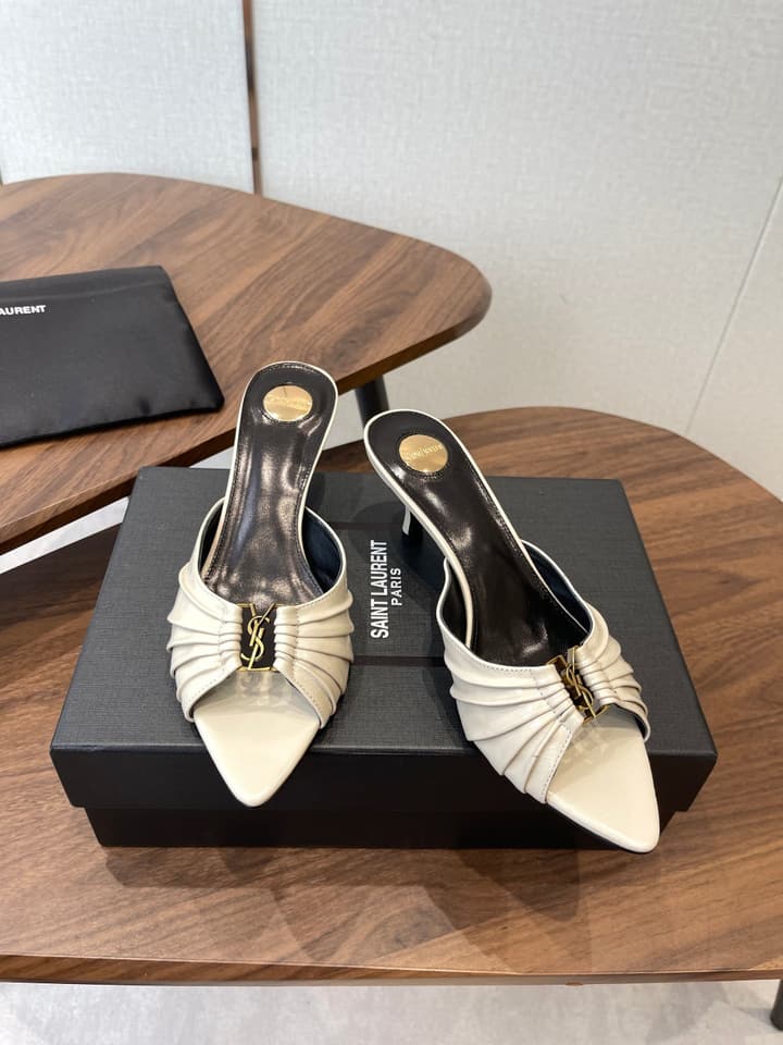 Saint Laurent Pointed Toe Stiletto Heeled Sandals – 26SS in Black - Gold Logo Plaque