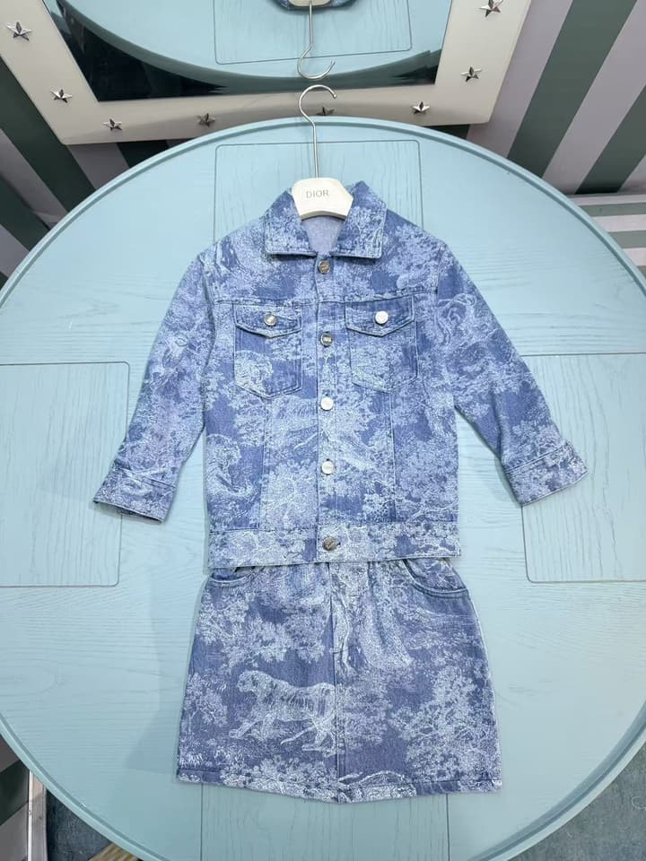 Dior Kids Printed Jacket and Skirt Set – 2025SS – Kids Collection in Blue Watercolor Print Set
