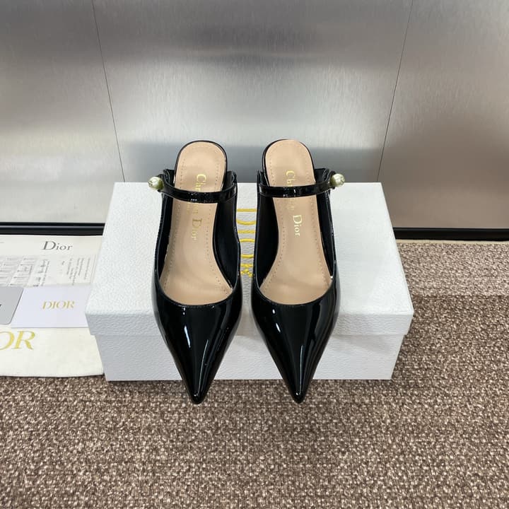 Dior J'Adior Jolie Pearl Pointed-Toe Mules – 2024 Spring/Summer Collection in Black Patent