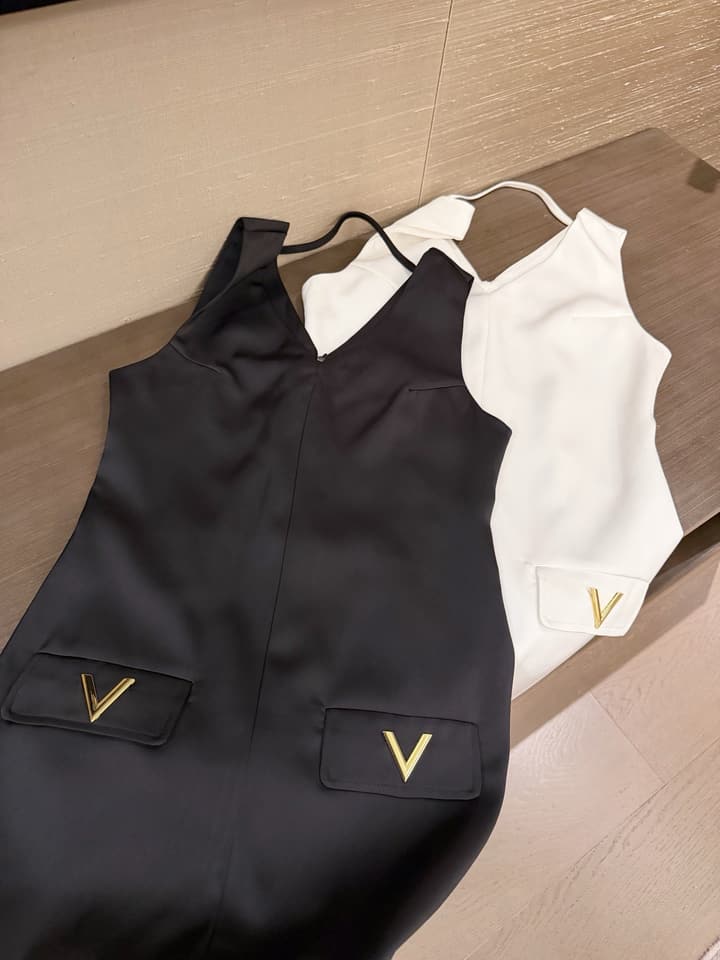 Valentino V-Neck Satin Dress with V Logo Detail in Black