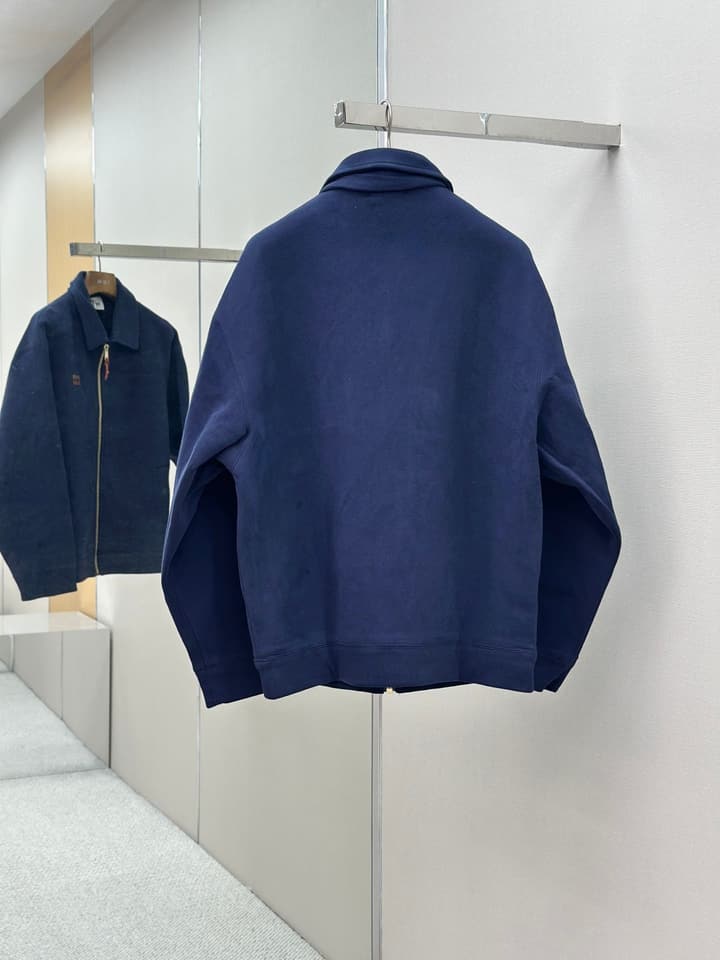 Miu Miu Embroidered Leather Patch Zipper Jacket in Dark Navy Blue