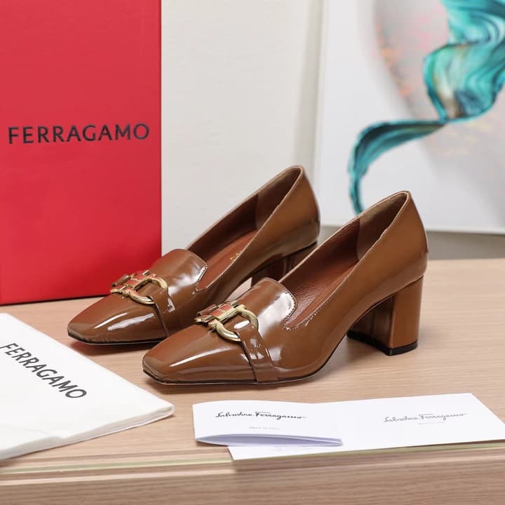 Ferragamo Classic Square Toe Pumps in Brown