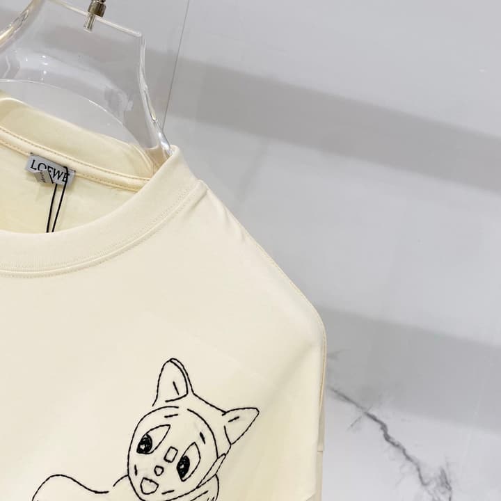 Loewe Cat Embroidery Cotton T-Shirt in Apricot