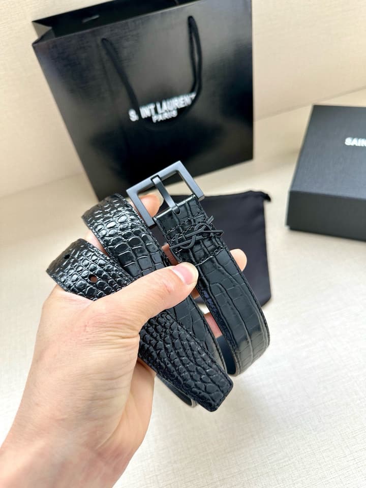Saint Laurent Monogram Crocodile Embossed Leather Narrow Belt