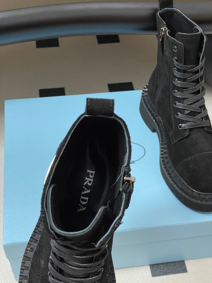Prada Triangle Logo Combat Boots – 25SS in Black Suede
