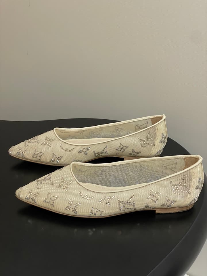 Louis Vuitton Mesh Crystal Pointed-Toe Flats – 25SS Summer Collection in Black Patterned