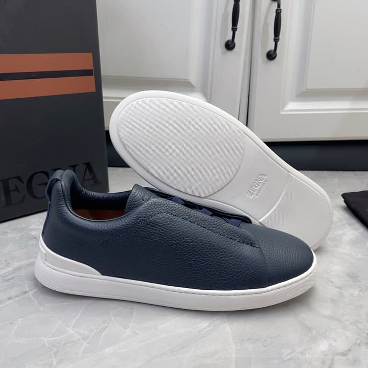 Zegna Triple Stitch Low-Top Sneakers in Navy Blue