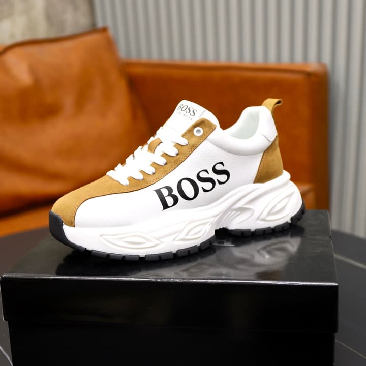 Boss Men's Luxury Running Sneakers in Black Mesh With White Sole