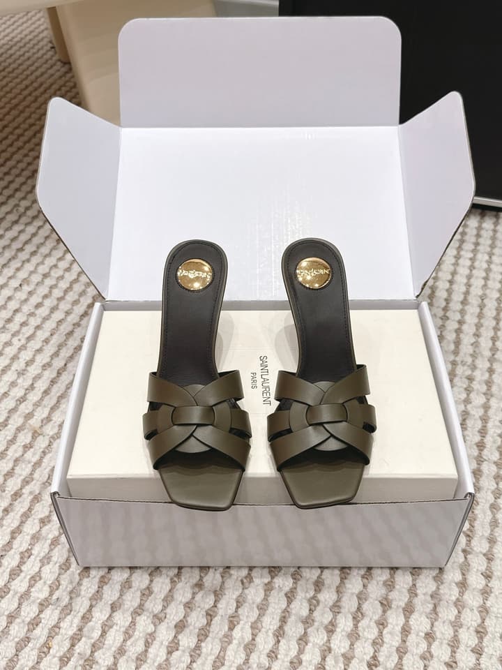 Saint Laurent Melody Square-Toe Heeled Sandals – 2026 Spring/Summer Collection in Beige Patent