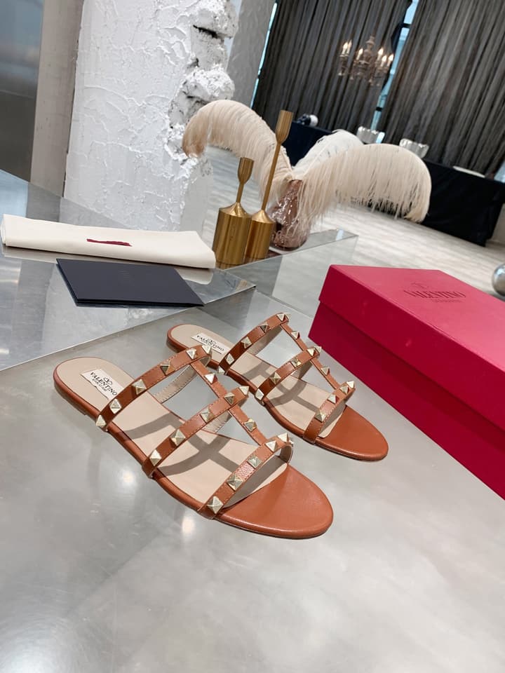 Valentino Studded Sheepskin Flat Sandals in Black