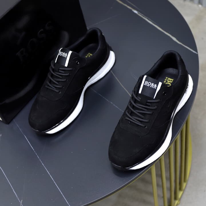Boss Men's Luxury Running Sneakers in Black Mesh With White Sole