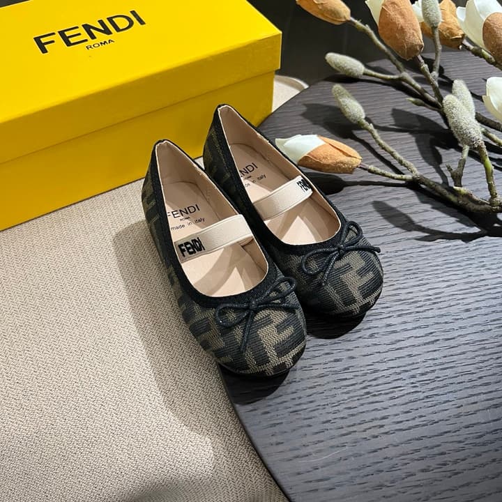 Fendi Girl's Double F Ballerina Flats – Kids Collection – 24SS in Black Monogram