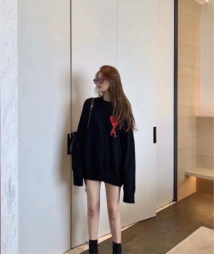 AMI Paris Heart Letter Knitted Sweater in Black With Red Heart