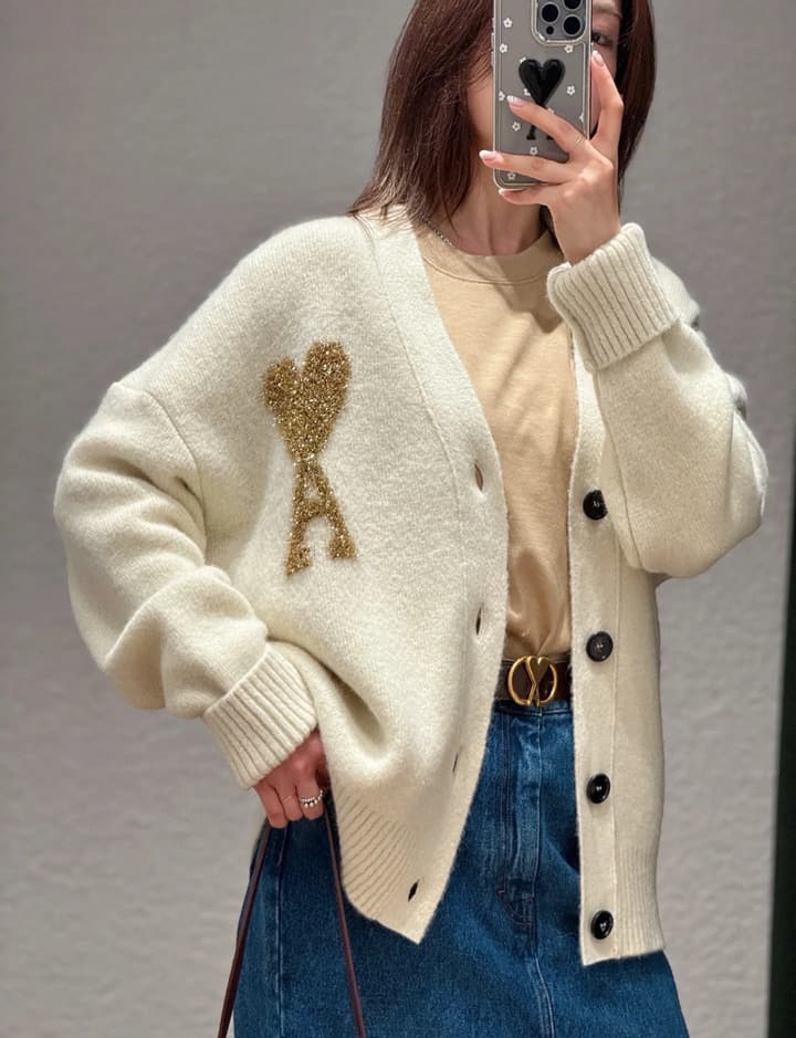 AMI Paris Holiday Limited Gold Heart Jacquard Cardigan – 24FW in Cream Gold Heart Cardigan