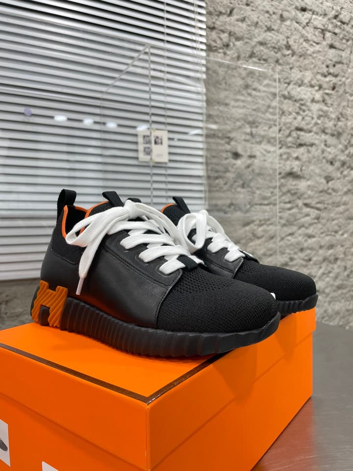 Hermès Sport Sneakers – Iconic Orange Edge in Black Knit With Black Laces