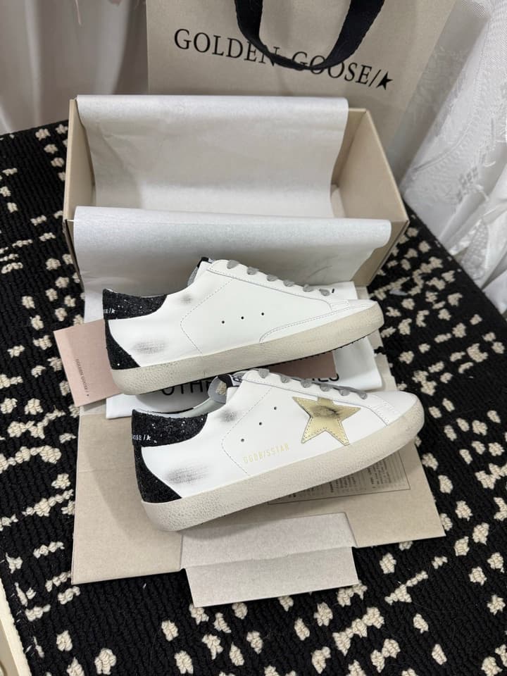 Golden Goose Super Star Rhinestone Leather Sneakers in Grey Suede Black Leather White Star