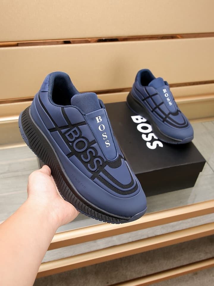 Boss New Men's Luxury Athletic Sneakers in Black With White Detail