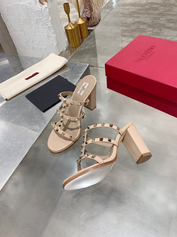 Valentino Studded Classic Block Heel Sandals in Beige