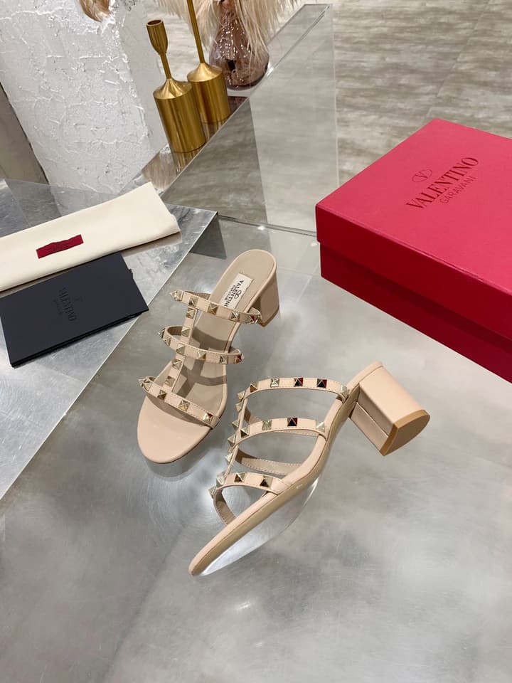 Valentino Rockstud Classic Block Heel Sandals in Nude With Gold Studs