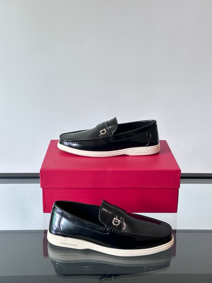 Ferragamo Men's Imported Calfskin Driving Shoes in Classic Black Leather