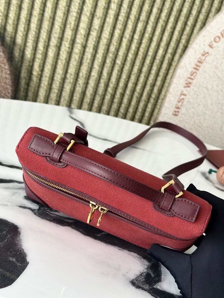 Loro Piana L19 Canvas Crossbody Bag – Spring/Summer Resort Collection in Beige Canvas With Burgundy Trim