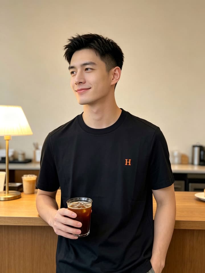 Hermès Men's Casual Short-Sleeve T-Shirt in Black Abstract Crew Neck